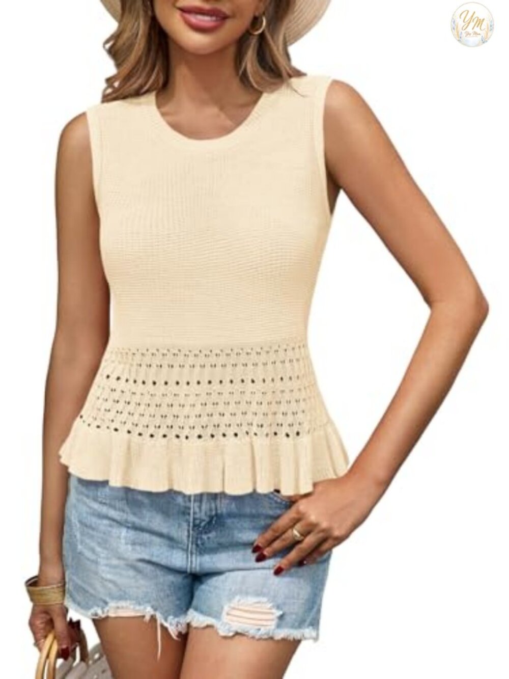 Crochet Knit Tank Top Sweater Vest Sleeveless Ruffle Hem Crew Neck